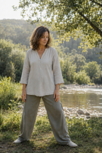 Woman standing quietly in nature beside a river
