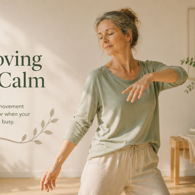 Woman practising gentle mindful movement to settle a busy mind