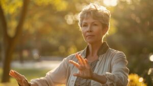 Older woman practising gentle mindful movement outdoors