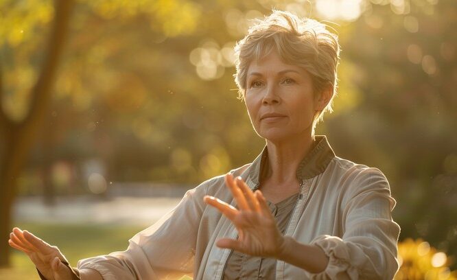 Older woman practising gentle mindful movement outdoors