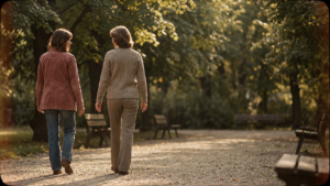 Two women walking together along a woodland path