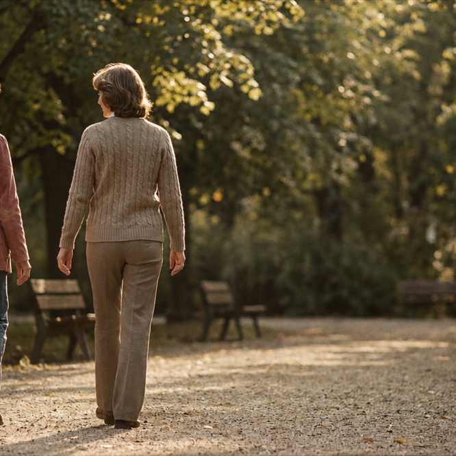 Two women walking together along a woodland path