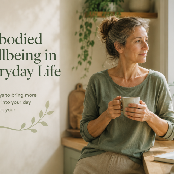 Woman practising embodied wellbeing in everyday life with a quiet moment of mindful awareness