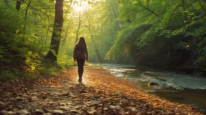 Woman walking along a woodland path