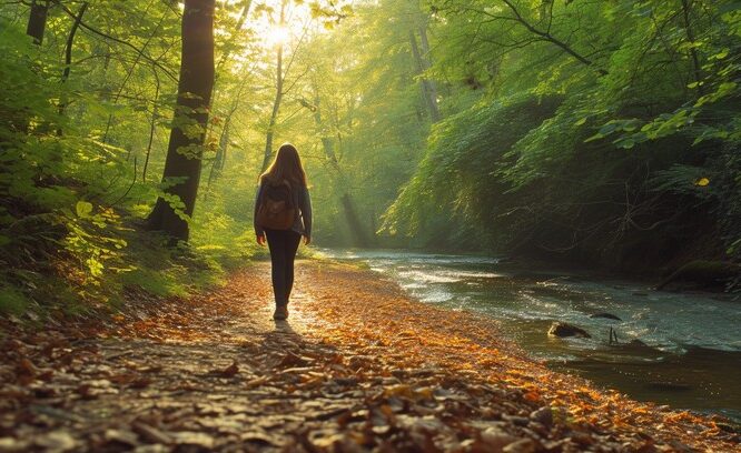 Woman walking along a woodland path
