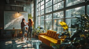 Two people discussing ideas in a bright creative learning space