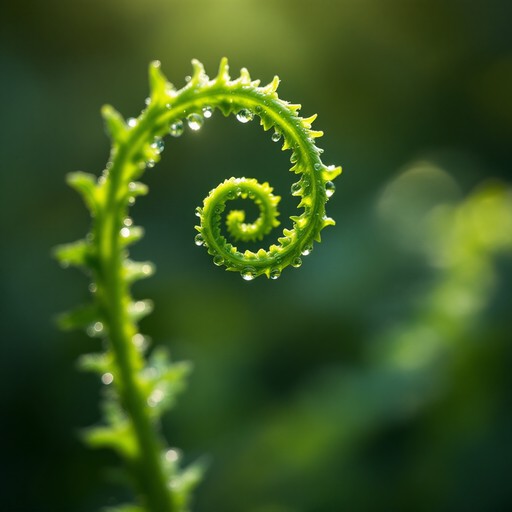 Unfurling fern frond with water droplets in woodland