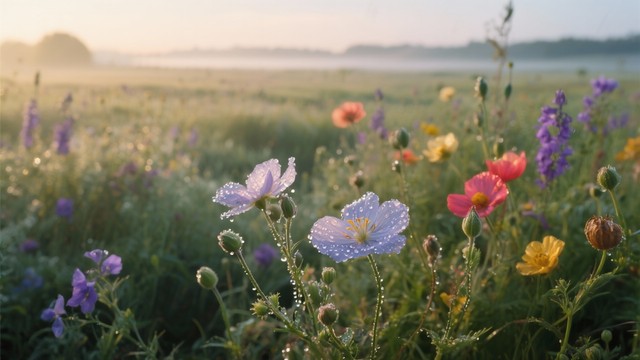 Wildflower meadow with morning light and open countryside