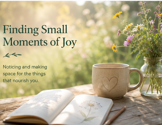 Flowers, a journal and a warm drink representing small moments of joy and everyday wellbeing